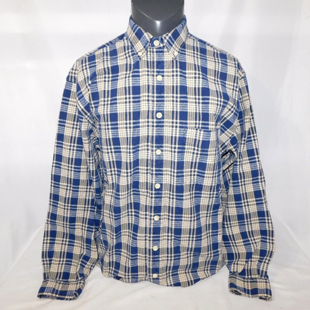 Eddie Bauer Blue Cream Plaid Long Sleeve Button Front shirt L Tall LT Ultralong